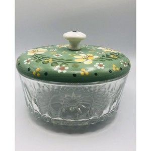 Vintage Arcoroc Glass  Bowl  With Hand-painted Floral Primitive Wood Lid